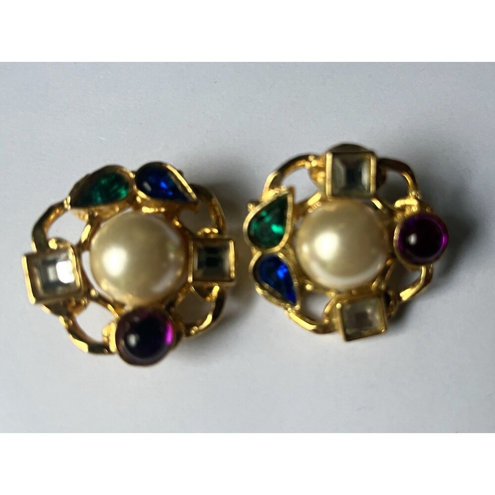 Vintage Faux Pearl Jewel Tone 80s Runway Clip On Earrings Gold Statement